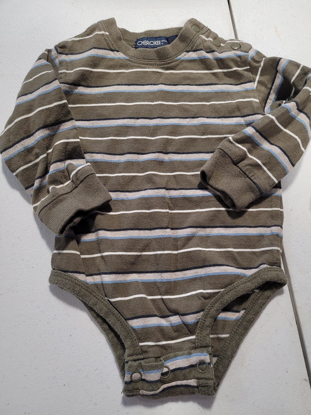 Cherokee Olive, White & Light Blue Striped Long-Sleeve Baby One-Piece - Picture 1 of 3